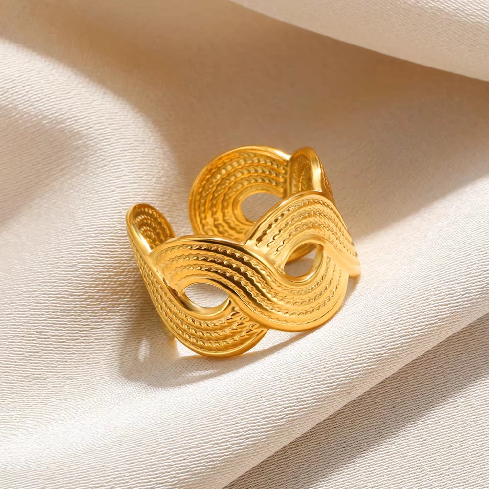 316L Stainless Steel Geometric Open Ring – Gold Color Waterproof Wedding Band