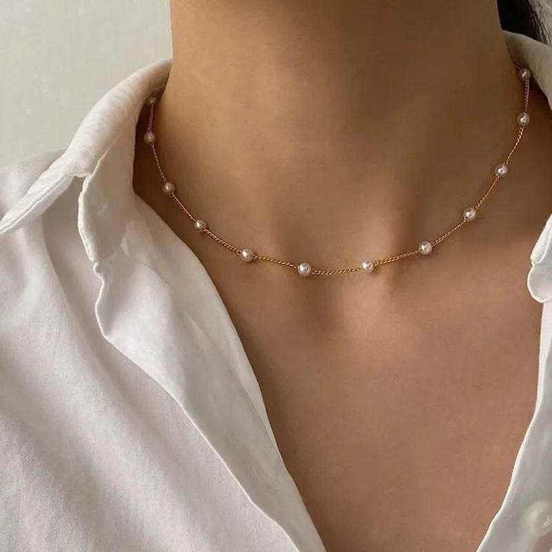 FTCY 3pcs Women's Pearl Necklace Set – 14K Gold Love Heart Pendant, Waterproof Hypoallergenic Collarbone Neck Chain Jewelry
