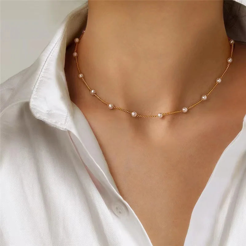 FTCY 3pcs Women's Pearl Necklace Set – 14K Gold Love Heart Pendant, Waterproof Hypoallergenic Collarbone Neck Chain Jewelry