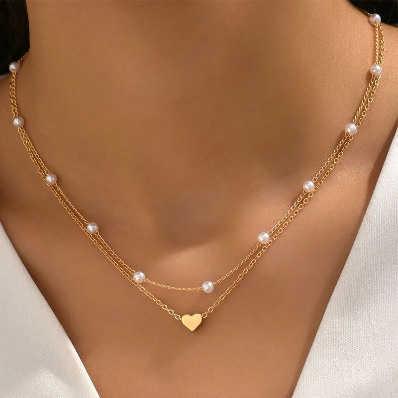 FTCY 3pcs Women's Pearl Necklace Set – 14K Gold Love Heart Pendant, Waterproof Hypoallergenic Collarbone Neck Chain Jewelry