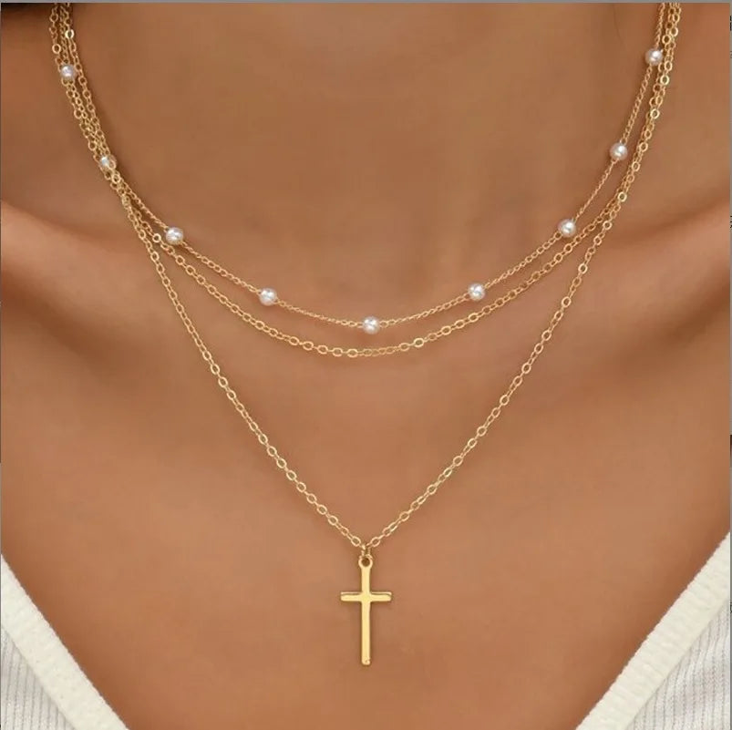 FTCY 3pcs Women's Pearl Necklace Set – 14K Gold Love Heart Pendant, Waterproof Hypoallergenic Collarbone Neck Chain Jewelry