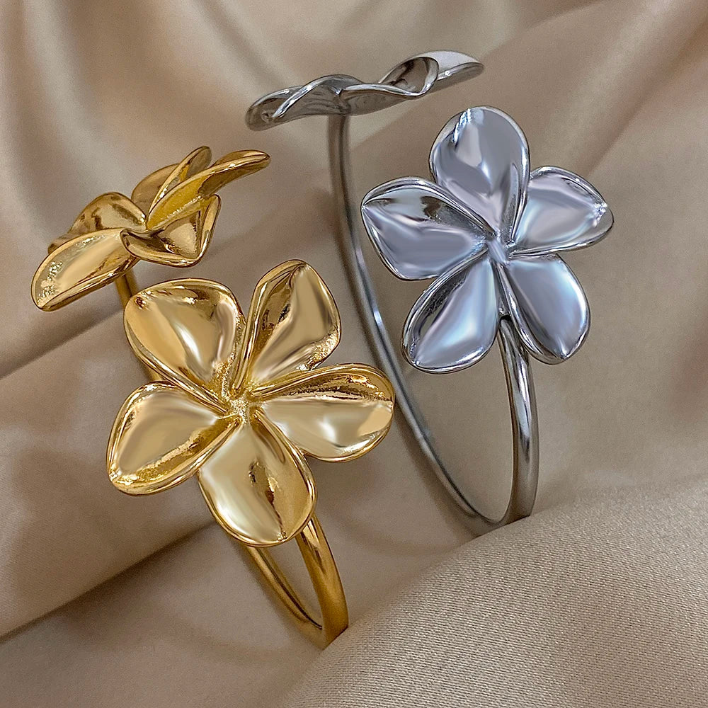 Greatera Stainless Steel Double Flower Cuff Bracelet – Gold Color Waterproof