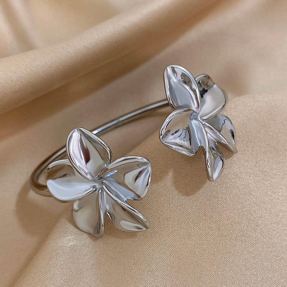 Greatera Stainless Steel Double Flower Cuff Bracelet – Gold Color Waterproof