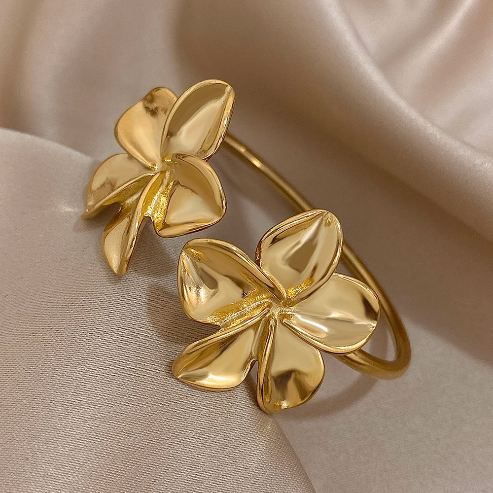 Greatera Stainless Steel Double Flower Cuff Bracelet – Gold Color Waterproof