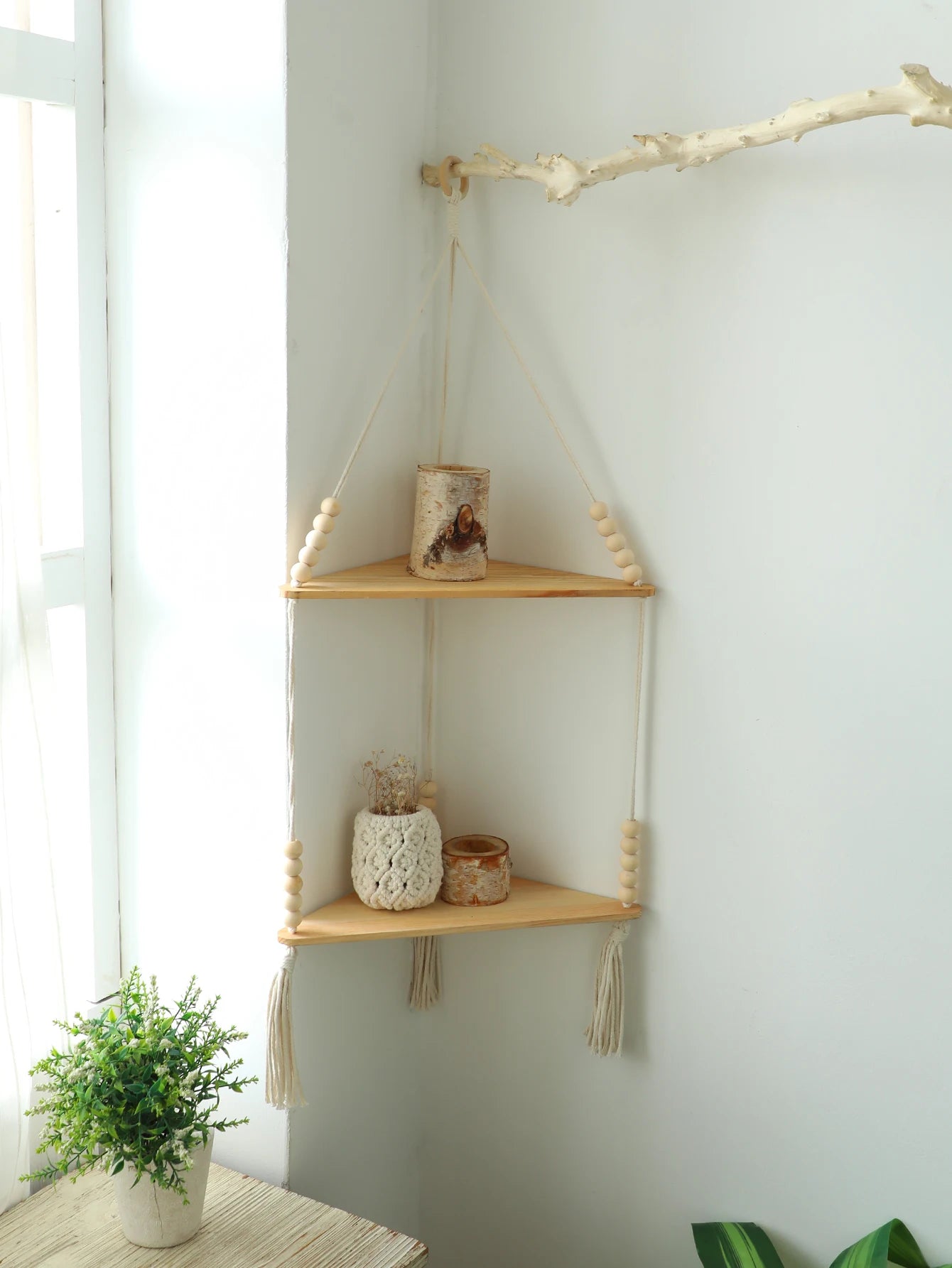 Wooden Floating Corner Shelf — Boho Wall Organizer