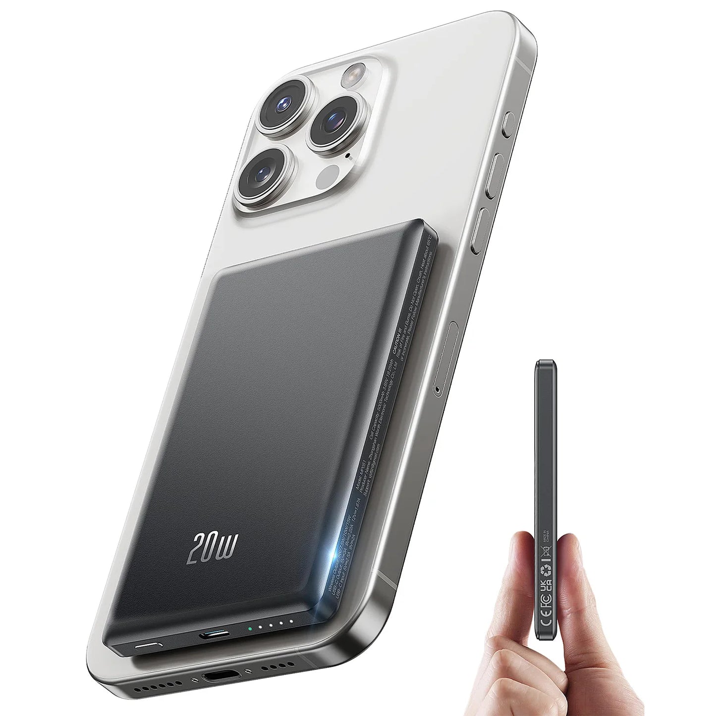 5000mAh Magnetic Power Bank, Wireless & 20W Fast Charger, for iPhone, Samsung (Type-C), Travel Portable Phone Battery Pack.