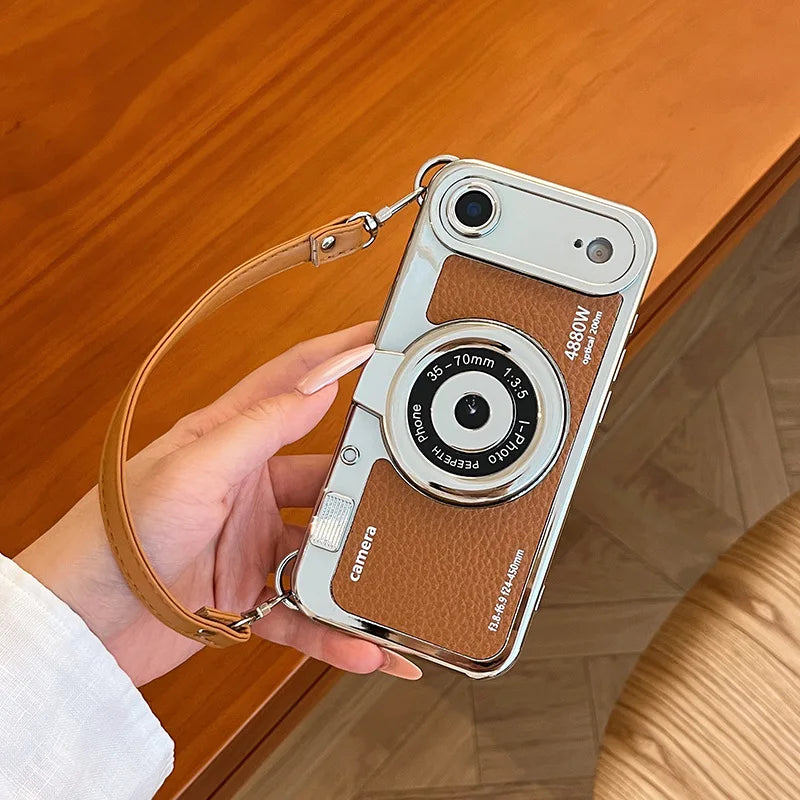 Fashionable Retro Camera Phone Case For iPhone 17 16 15 14 13 12 Pro Max Plus with Wrist Strap Protective Case