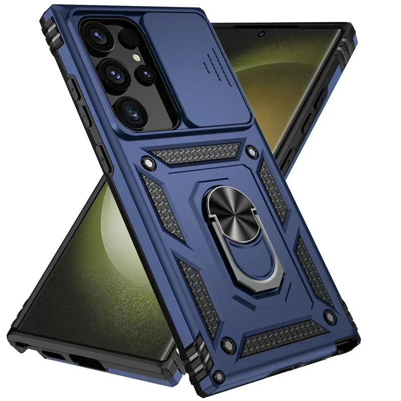 Slide Camera Lens Military Grade Armor Case For Samsung Galaxy S25 Ultra Plus S24FE A16 A06 A26 A36 A56 Holder Ring Stand 2026