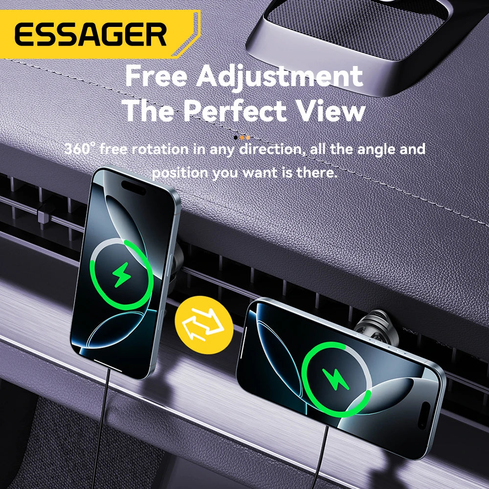 Essager 15W Magnetic Car Phone Holder Wireless Charger Stand For iPhone 16 15 14 13 Pro Max Charging for Magsafe Car Charger RGB