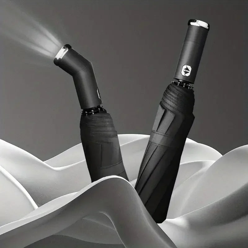 10 bone fully automatic three fold umbrella, rotatable LED flashlight, business wind resistant folding umbrella, sunny umbrella