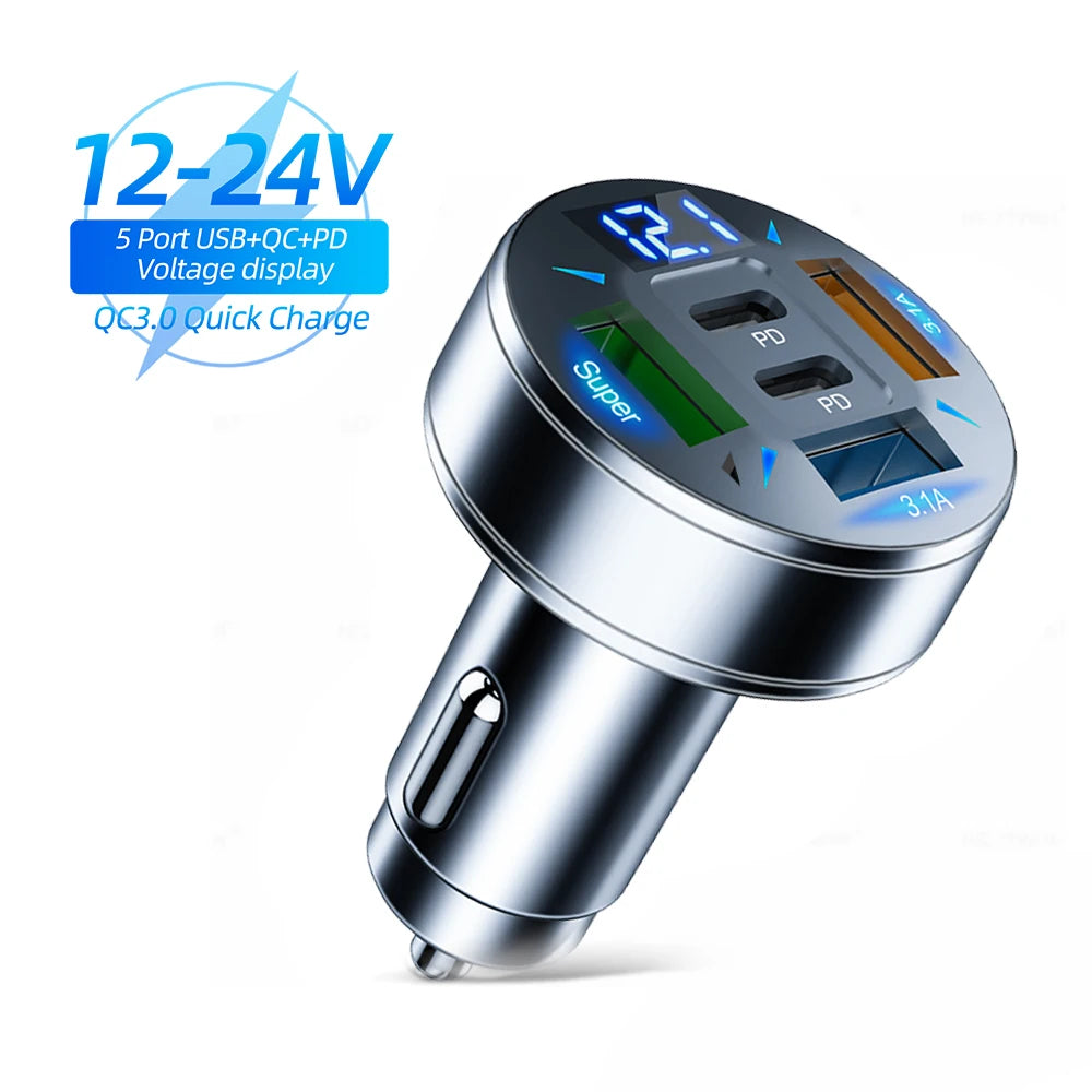 250W 5 Ports Car Charger Fast Charging PD QC3.0 USB C Car Phone Charger Adapter With Voltage For iPhone Samsung Huawei Xiaomi