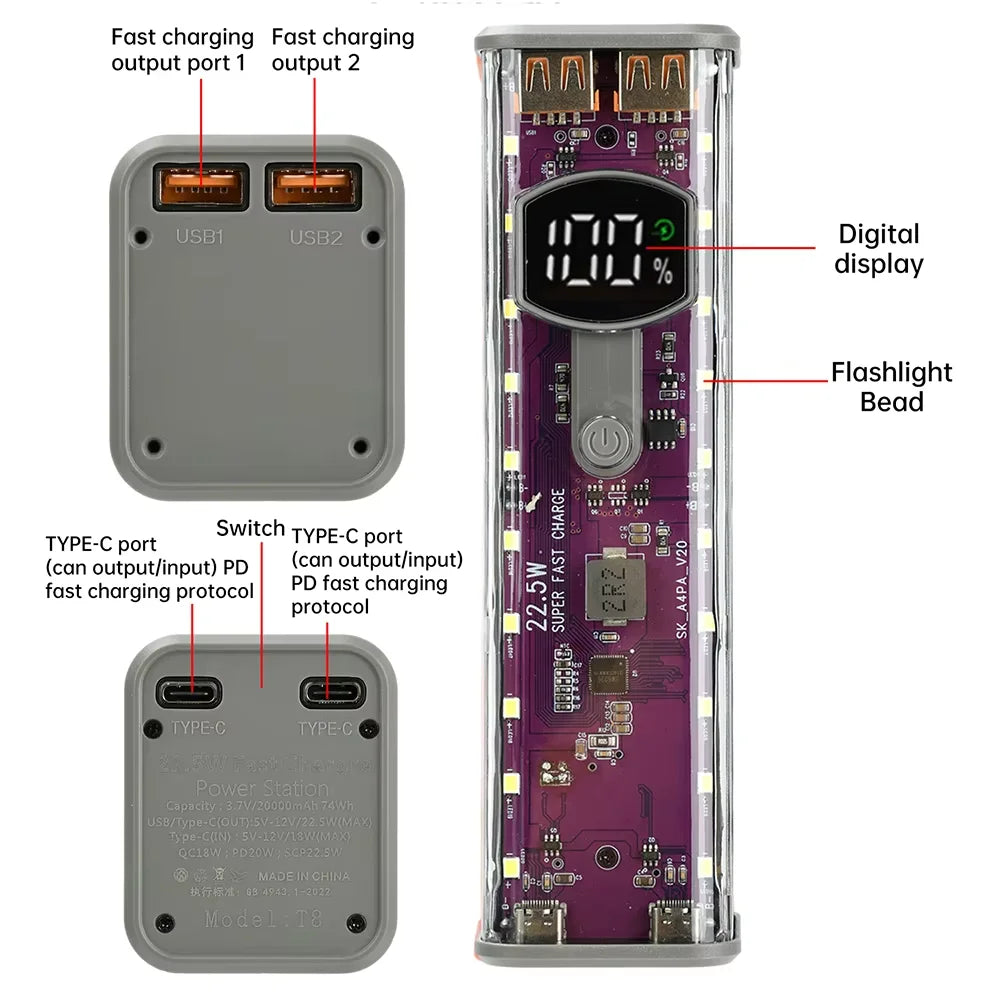 Transparent Shell 18650 Power Bank Case 22.5W Fast Charging LED USB C + Micro USB Port Battery Storage Box For iPhone Samsung