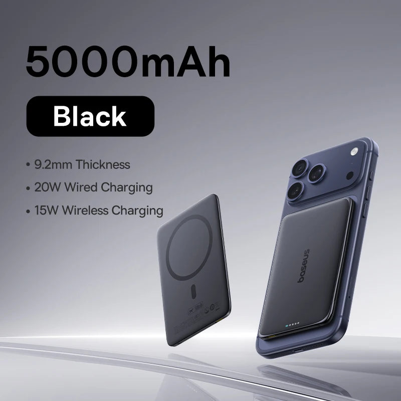 Baseus 5000mAh Magnetic Power Bank 15W PD 20W Wired Charging Thin Card-Sized Slim Portable Powerbank for iPhone 17 Samsung