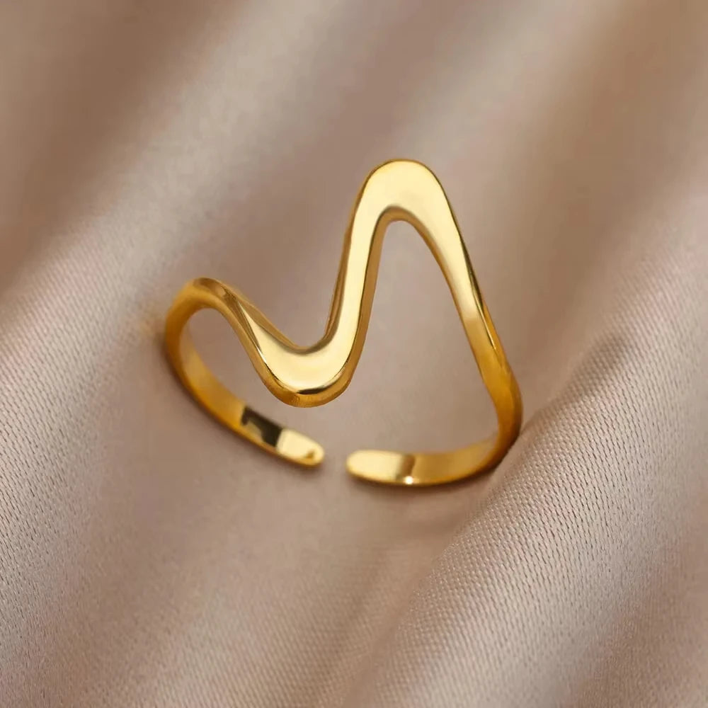 316L Stainless Steel Geometric Open Ring – Gold Color Waterproof Wedding Band