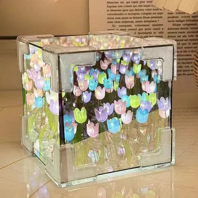 Tulip Mirror Cube Lamp Simulation Flower Bedroom Sleeping DIY Table Lamp Handmade Craft Tulips Mirror Night Light Birthday Gift
