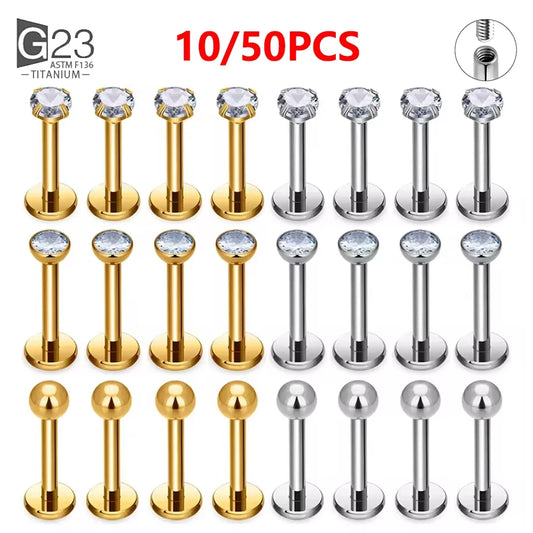 10Pc/50Pc G23 Titanium Labret Studs – Square CZ Stone Cartilage, Tragus, and Lip Piercing, Threaded Body Jewelry