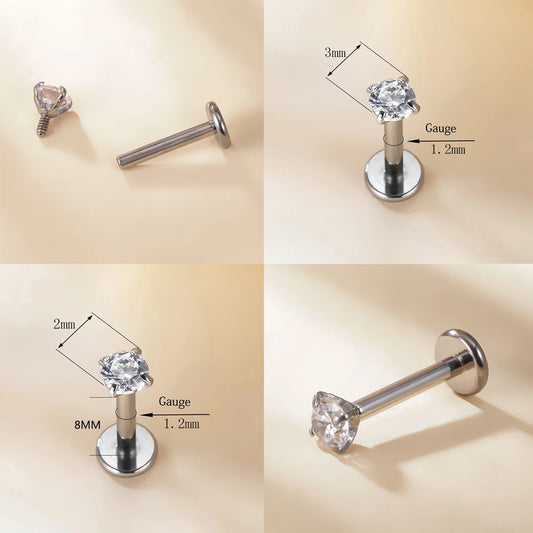10Pc/50Pc G23 Titanium Labret Studs – Square CZ Stone Cartilage, Tragus, and Lip Piercing, Threaded Body Jewelry