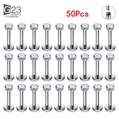 10Pc/50Pc G23 Titanium Labret Studs – Square CZ Stone Cartilage, Tragus, and Lip Piercing, Threaded Body Jewelry