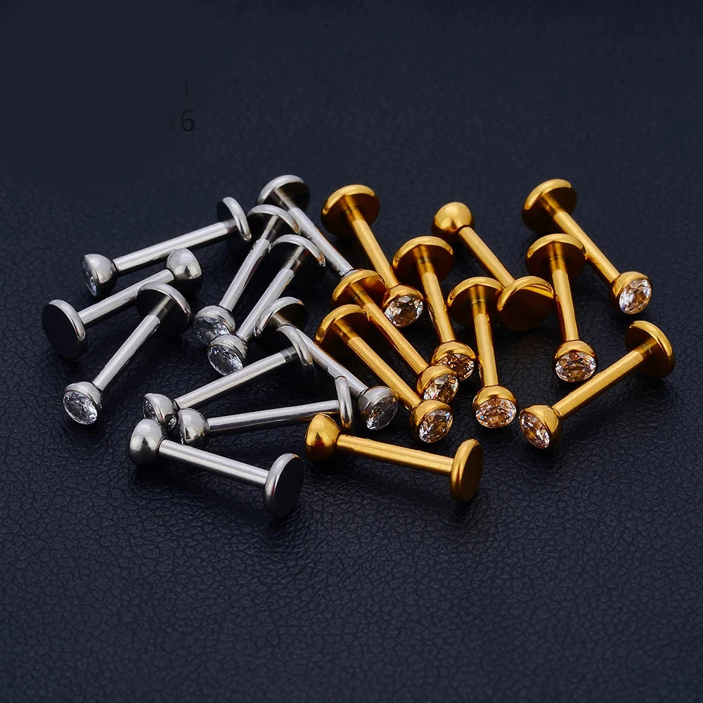 10Pc/50Pc G23 Titanium Labret Studs – Square CZ Stone Cartilage, Tragus, and Lip Piercing, Threaded Body Jewelry
