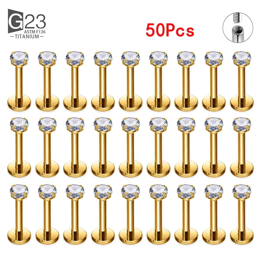 10Pc/50Pc G23 Titanium Labret Studs – Square CZ Stone Cartilage, Tragus, and Lip Piercing, Threaded Body Jewelry