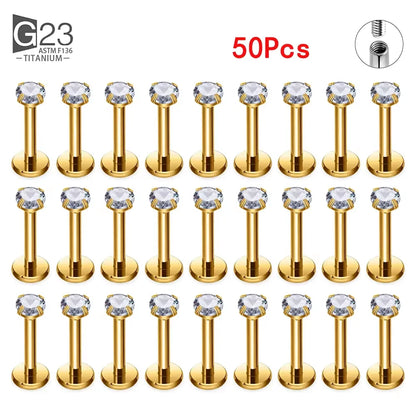 10Pc/50Pc G23 Titanium Labret Studs – Square CZ Stone Cartilage, Tragus, and Lip Piercing, Threaded Body Jewelry