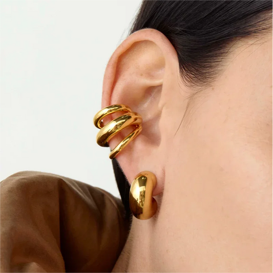 18K Gold Stainless Steel Multilayer Ear Clip – Waterproof Chunky Hoop