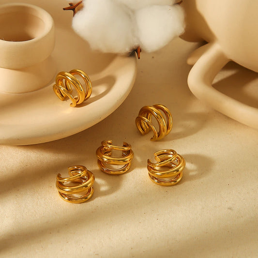 18K Gold Stainless Steel Multilayer Ear Clip – Waterproof Chunky Hoop