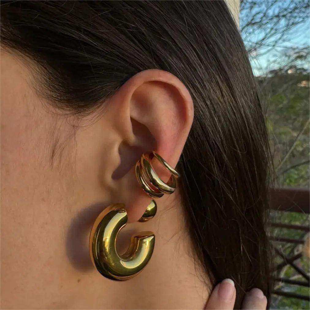 18K Gold Stainless Steel Multilayer Ear Clip – Waterproof Chunky Hoop