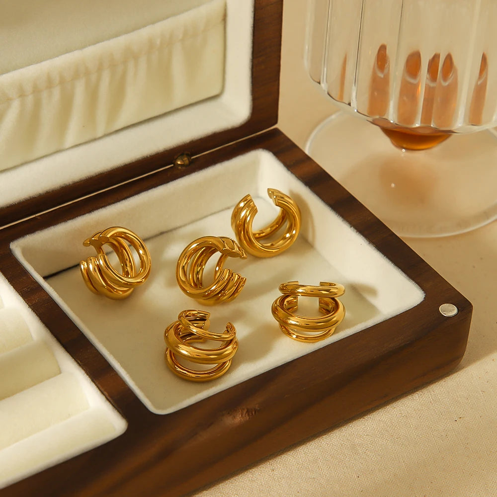 18K Gold Stainless Steel Multilayer Ear Clip – Waterproof Chunky Hoop