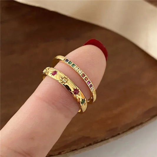 2PCS Stainless Steel Rainbow Zircon Rings – Gold Color Waterproof Star Design