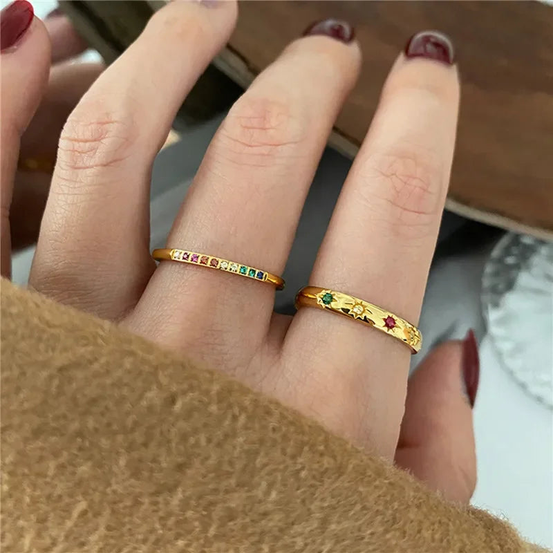 2PCS Stainless Steel Rainbow Zircon Rings – Gold Color Waterproof Star Design