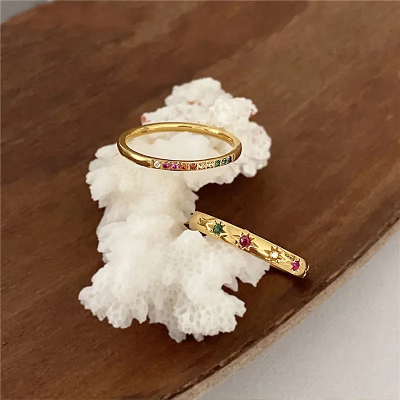 2PCS Stainless Steel Rainbow Zircon Rings – Gold Color Waterproof Star Design