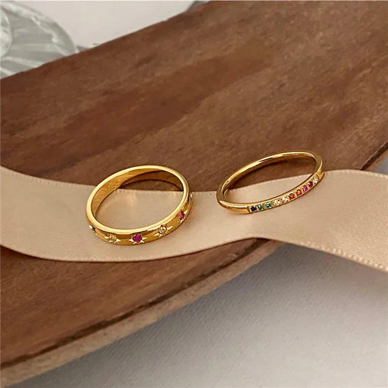2PCS Stainless Steel Rainbow Zircon Rings – Gold Color Waterproof Star Design
