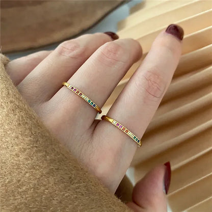 2PCS Stainless Steel Rainbow Zircon Rings – Gold Color Waterproof Star Design
