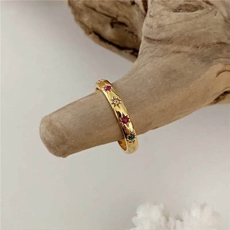2PCS Stainless Steel Rainbow Zircon Rings – Gold Color Waterproof Star Design