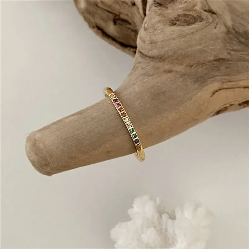 2PCS Stainless Steel Rainbow Zircon Rings – Gold Color Waterproof Star Design