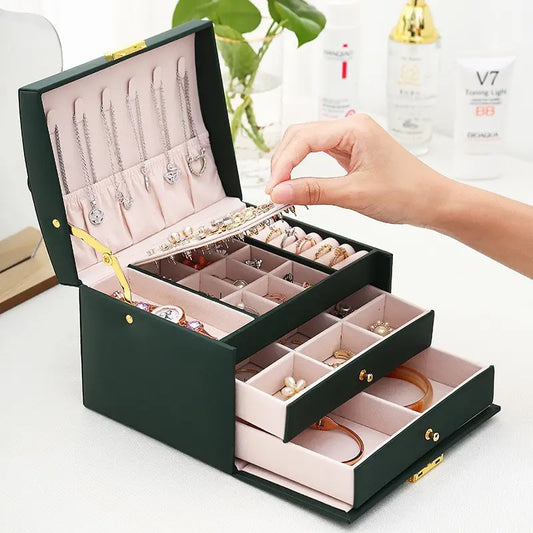 3-Layer Leather Jewelry Box – Drawer Style Organizer with Lock