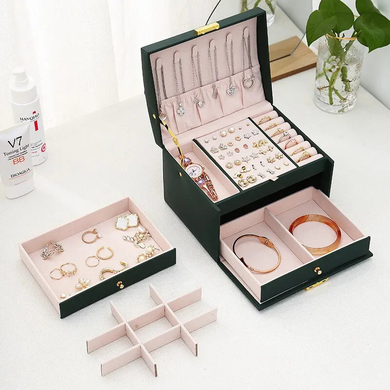 3-Layer Leather Jewelry Box – Drawer Style Organizer with Lock