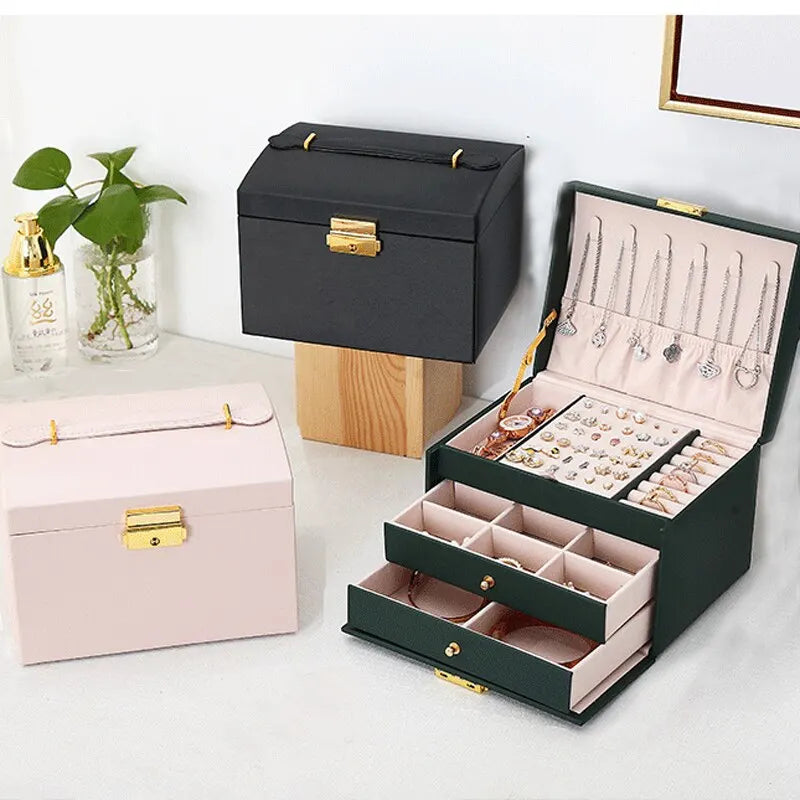 3-Layer Leather Jewelry Box – Drawer Style Organizer with Lock
