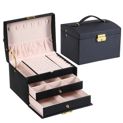 3-Layer Leather Jewelry Box – Drawer Style Organizer with Lock