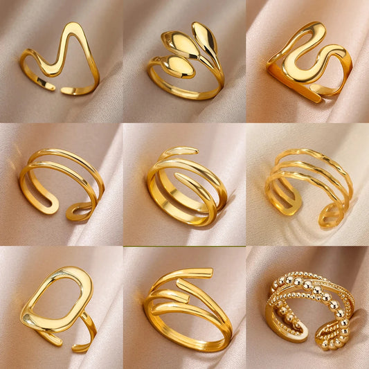 316L Stainless Steel Geometric Open Ring – Gold Color Waterproof Wedding Band