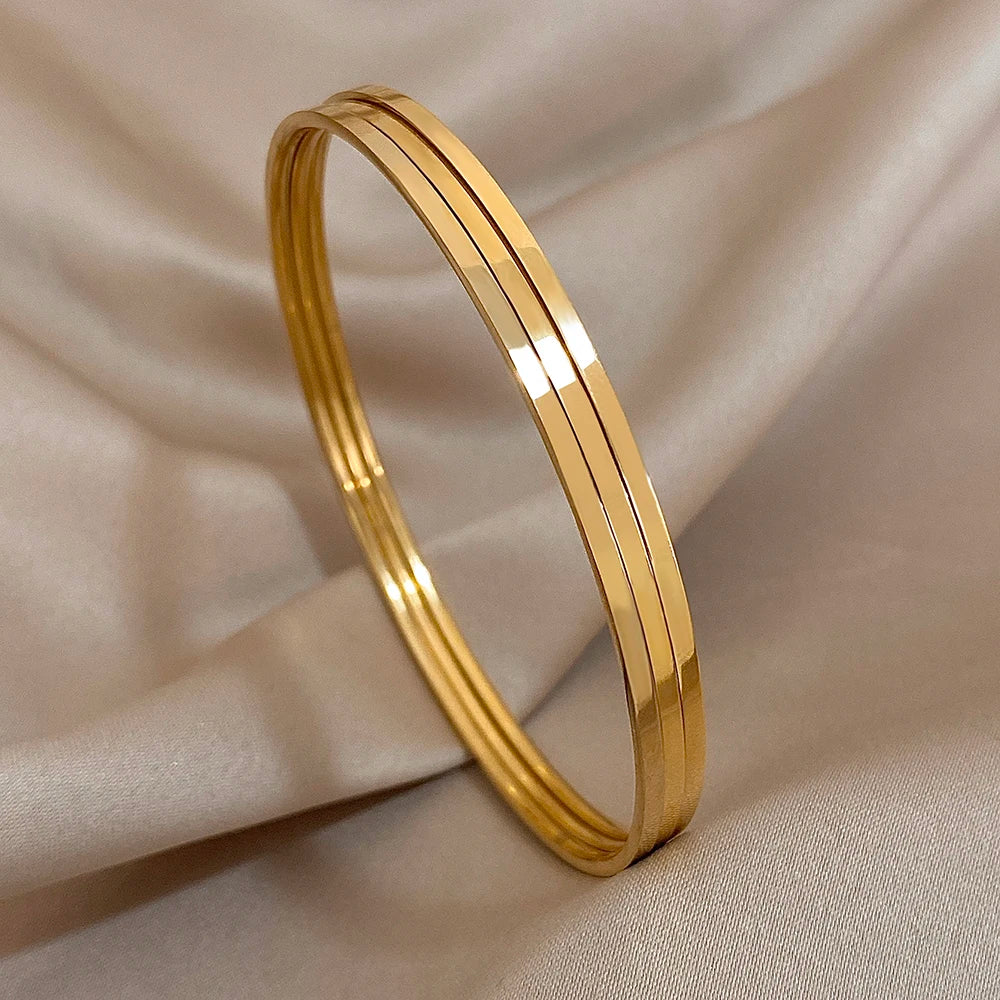 3pcs 18K Gold Stainless Steel Bangle Set – Waterproof Minimalist Bracelets