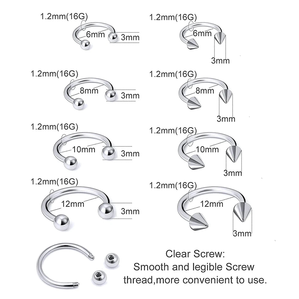 4Pcs/32Pcs 16G Septum Nose Rings – Stainless Steel Hoop Horseshoe Piercing Jewelry, Tragus Cartilage Earrings (6-12mm)