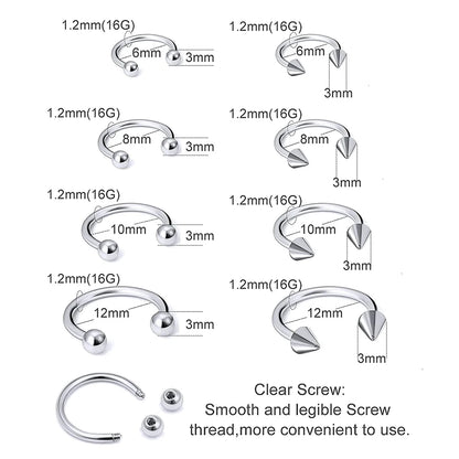 4Pcs/32Pcs 16G Septum Nose Rings – Stainless Steel Hoop Horseshoe Piercing Jewelry, Tragus Cartilage Earrings (6-12mm)