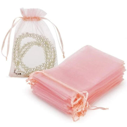50pcs Pink Organza Drawstring Jewelry Bags – Small Pouches for Earrings, Gifts & Wedding Favors