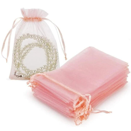 50pcs Pink Organza Drawstring Jewelry Bags – Small Pouches for Earrings, Gifts & Wedding Favors