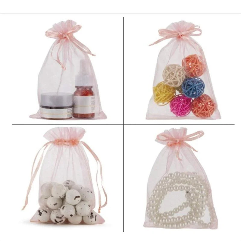 50pcs Pink Organza Drawstring Jewelry Bags – Small Pouches for Earrings, Gifts & Wedding Favors