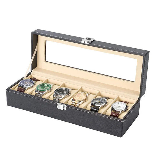6 Slot PU Leather Watch Box – Glass Top Jewelry Organizer & Display Case