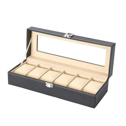 6 Slot PU Leather Watch Box – Glass Top Jewelry Organizer & Display Case