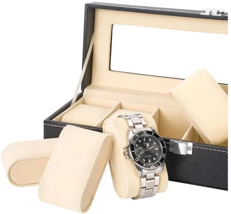 6 Slot PU Leather Watch Box – Glass Top Jewelry Organizer & Display Case